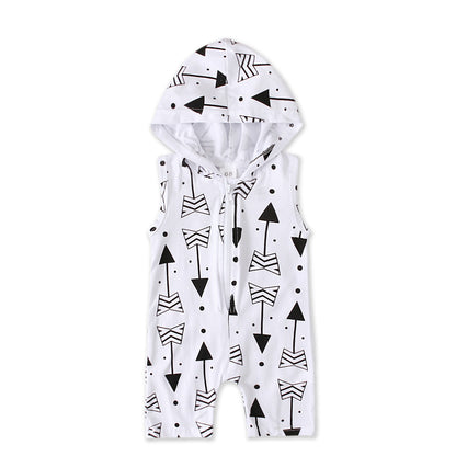 Children's Summer Sleeveless Gray White Arrow Print Hooded Zipper Jumpsuit