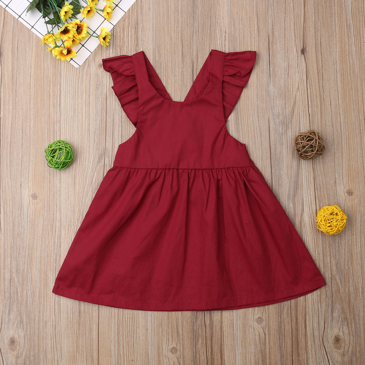 Girls Solid Color Ruffle Shoulder Dress