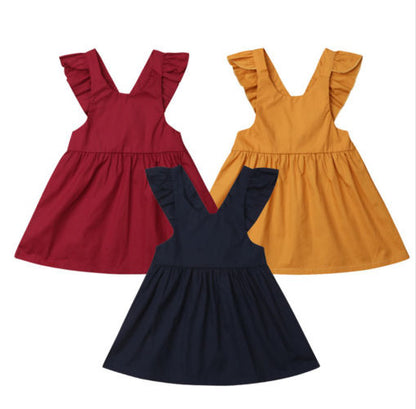 Girls Solid Color Ruffle Shoulder Dress