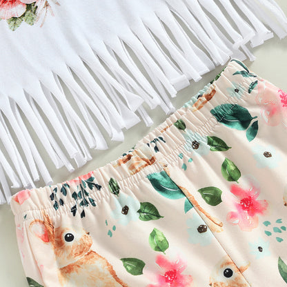 New Girls Rabbit Floral Flare Trouser Set
