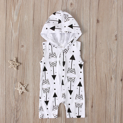 Children's Summer Sleeveless Gray White Arrow Print Hooded Zipper Jumpsuit