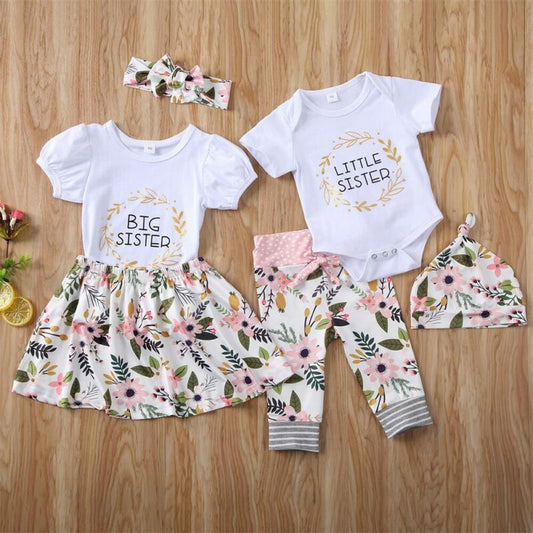 Matching Little and Big Sister Clothing Set with Floral Pattern