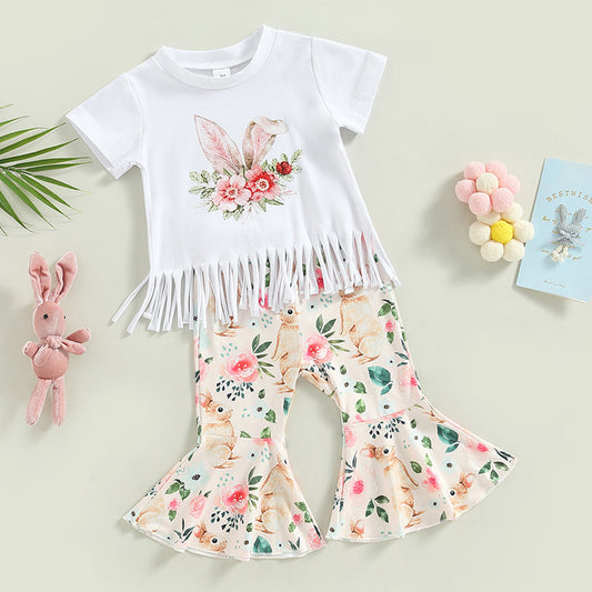 New Girls Rabbit Floral Flare Trouser Set