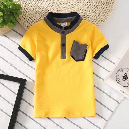 Big kids cotton short sleeve yellow shirt with lapel collar and front pocket.