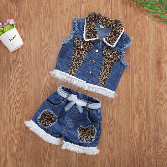 Girls Denim Cheetah Sleeveless Tank Top Shorts 2pc Set