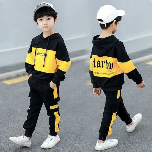 Big boys sweat suits with long sleeves and Korean style skirting in black and yellow.
