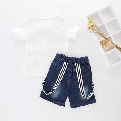 Boys Denim Shorts with Straps Short Sleeve Casual Set