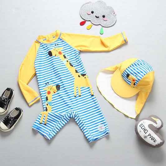 Little kids quick-drying blue striped giraffe surfing suit with matching sun hat.