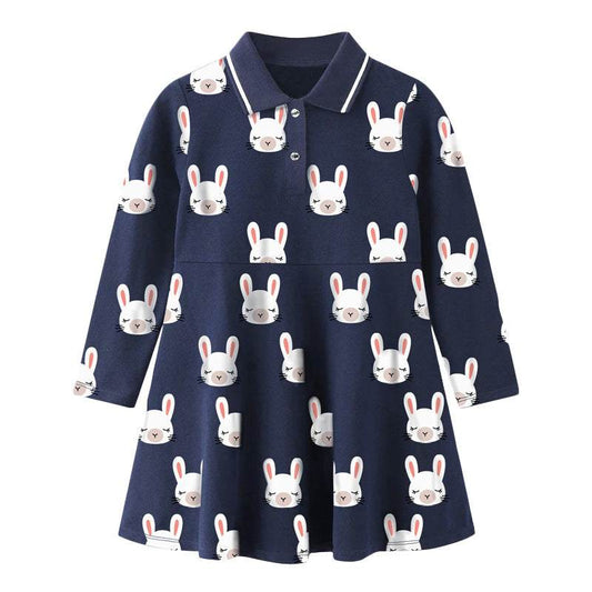 Girls Bunny Long-sleeved Printing Collar Dress