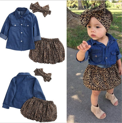 Autumn Denim Long Sleeve Shirt with Leopard Skirt Three piece