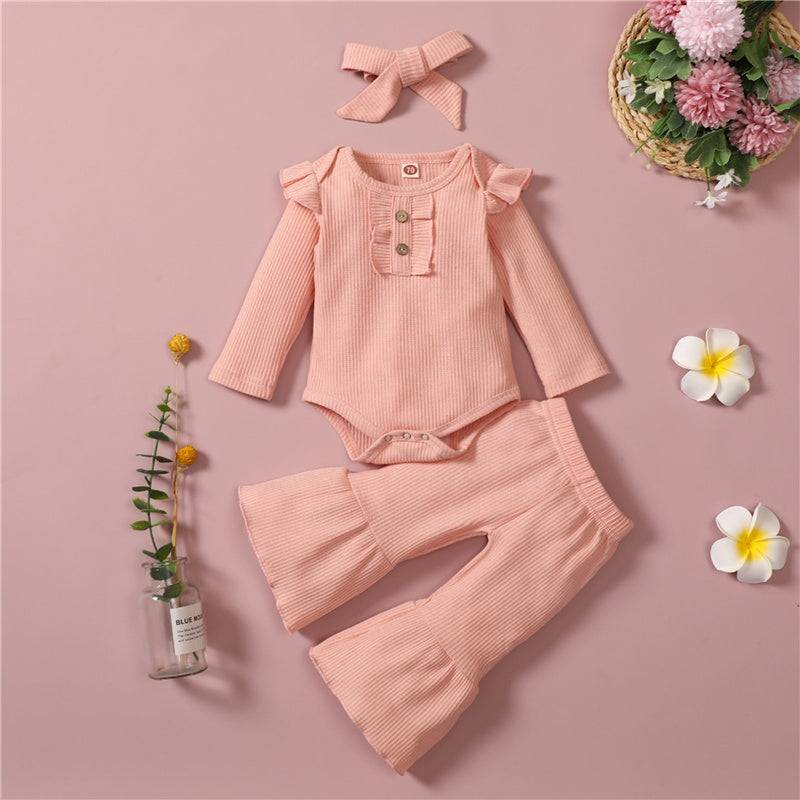 Baby girl pink long sleeve harem suit romper with pants and head knot, perfect for spring and autumn.