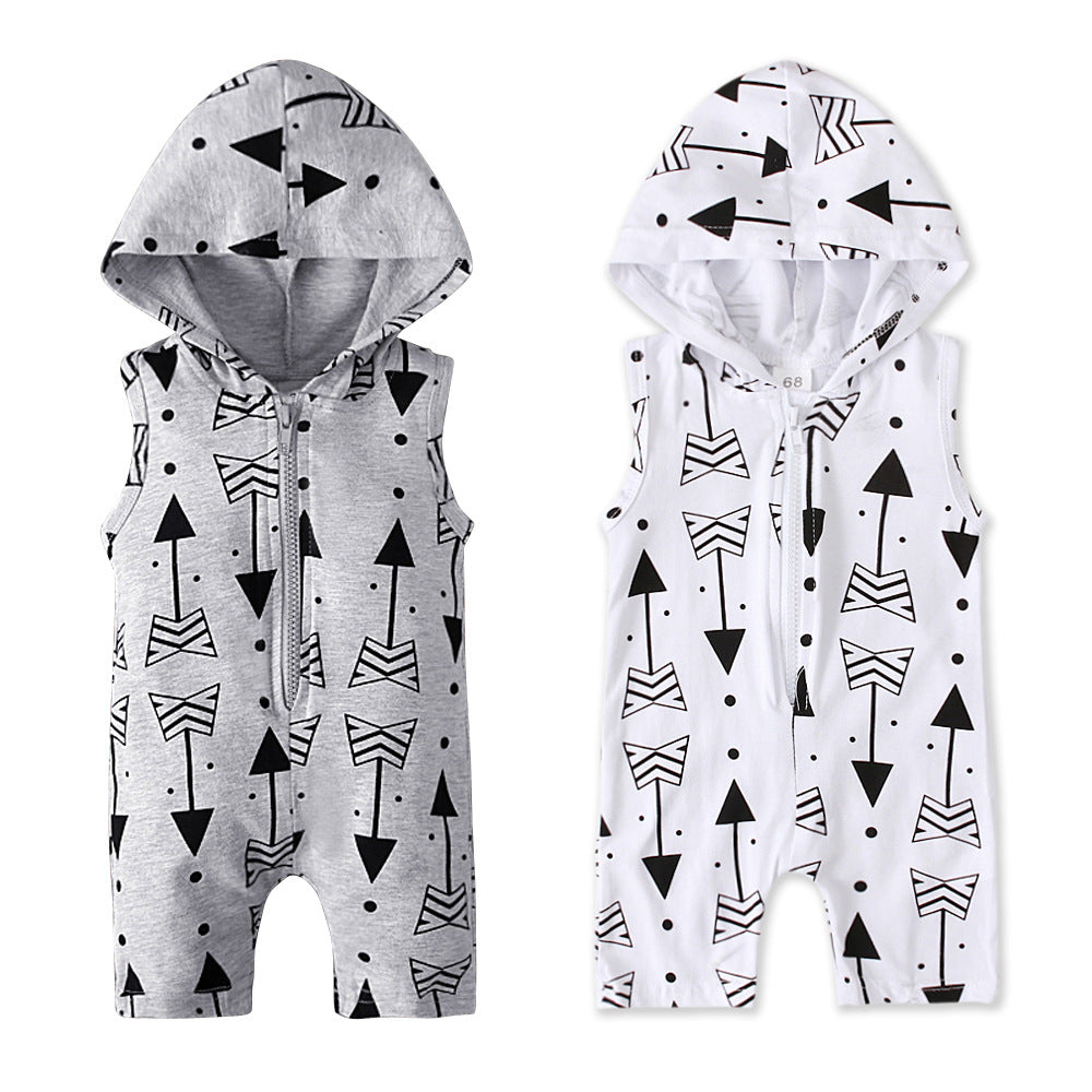 Children's Summer Sleeveless Gray White Arrow Print Hooded Zipper Jumpsuit