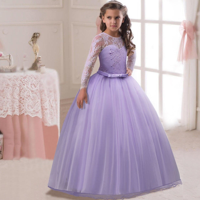 Kids Long With Knit Sleeve Flower Girl Pageant Dress