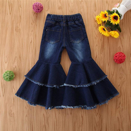 Girls dark wide-leg flared jeans for children aged 3-8; cotton fabric, casual style, autumn wear.