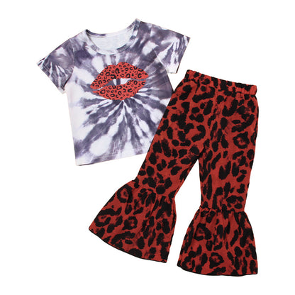 Short sleeved Leopard Print Girls Suit