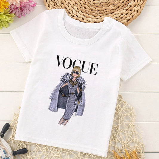 Fashion kids T-shirt with Vogue print, short sleeve, round neck, for ages 3-8, polyester fabric.