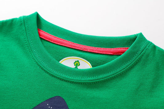 Green kids T-shirt with a colorful collar and crab print design.