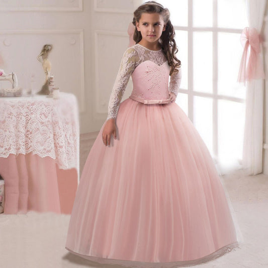 Kids Long With Knit Sleeve Flower Girl Pageant Dress
