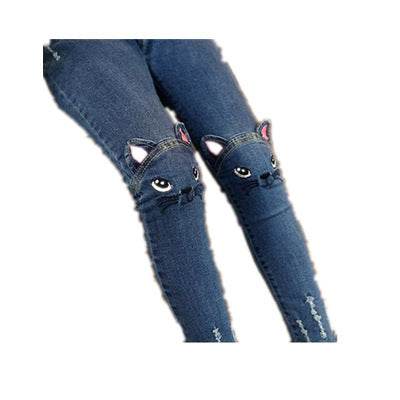 Girls Cat Embroidery Spring And Autumn Straight Leg Jeans