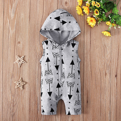 Children's Summer Sleeveless Gray White Arrow Print Hooded Zipper Jumpsuit